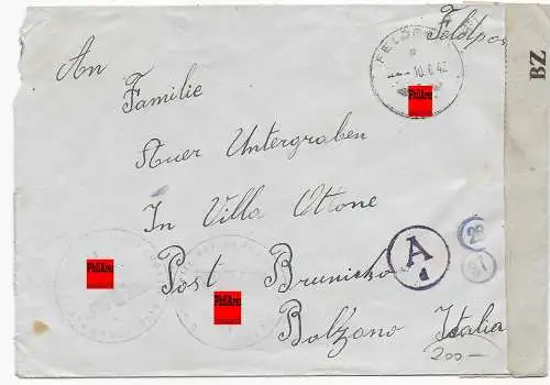 Feldpost: FPNr. 11321A eines Südtirolers nach Bozen, 1944, OKW + Italien. Zensur
