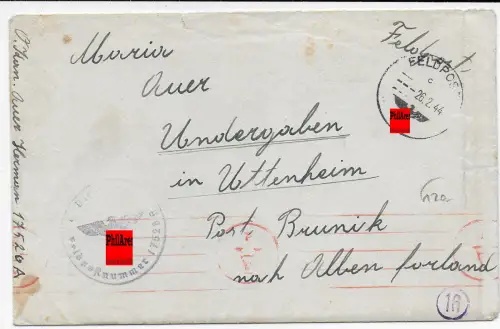 Feldpost: FPNr. 17526A eines Südtirolers nach Bozen, 1944, OKW  Zensur