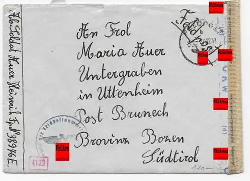 Feldpost: FPNr. 38976E eines Südtirolers nach Bozen, 1943, OKW  Zensur