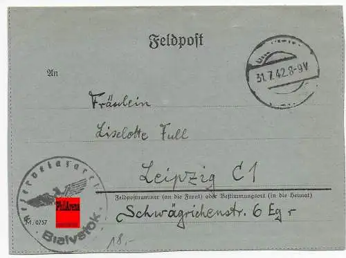 Feldpost: Kartenbrief Bialystok 1942 nach Leipzig