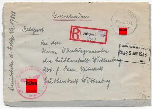 Feldpost: FPNr. 17848 Dorogobusk an OB Wittenberg 1943, Einschreiben, 