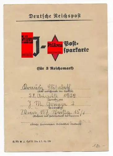 Deutsche Reichspost: Jugend Postsparkarte, Wien mit rücks. voll beklebten Marken