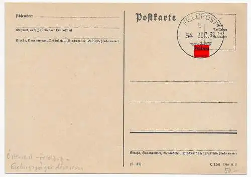 Feldpost: Blanko Karte 30.03.38, Österreich Feldzug, Gebirgsjäger