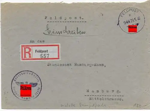 Feldpost: Einschreiben FPNr. 27290 an Standesamt Hamburg, violette Stempelfarbe