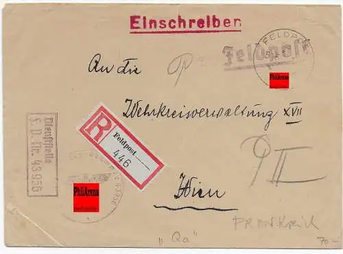 Feldpost: Einschreiben FPNr. 43956 -Frankreich- nach Wien, 1942