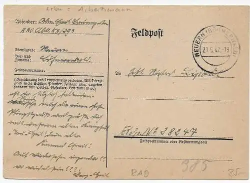 Feldpost: Neuern 1942 an FPNr. 28247 von Arbeitsmann