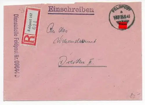Feldpost: Einschreiben FPNr. 09644D nach Dresden, Ölhaltige Farbe 1943