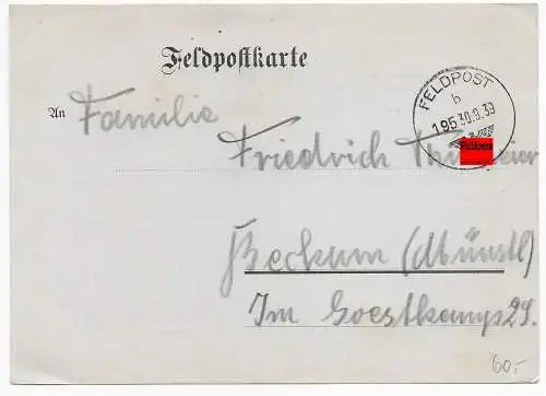 Feldpost: 30.09.39, FPNr. 32417, Meldung der FP Nummer Beckum