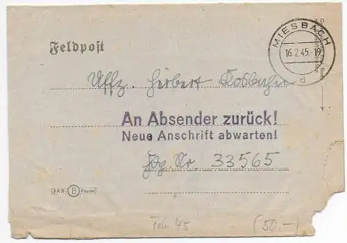 Feldpost: 16.2.45 Miesbach an FPNr. 33565