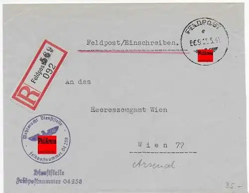 Feldpost: Einschreiben FPNr. 04258 nach Wien 1941