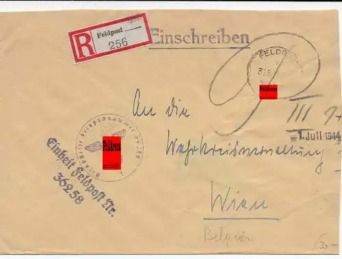 Feldpost: Einschreiben FPNr. 36258 - Belgien - nach Wien 1944