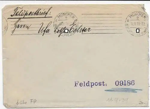 Feldpost: frühe Feldpost München an Ufa FPNr. 09186 vom 11.9.1939