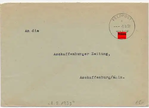 Feldpost: frühe Feldpost: 8.9.39 an die Aschaffenburger Zeitung von FPNr. 28509