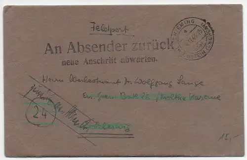 Feldpost: Chieming 11.44 nach Schleswig, zurück an Absender - späte Post