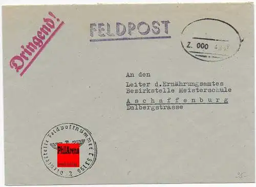 Feldpost: Bahnpoststempel 1943 aptiert, FPNr. L53156 nach Aschaffenburg Dringend