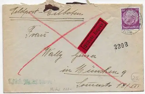 Feldpost: Eilboten mit Zusatzfrankatur von Mittenwald nach München 1940