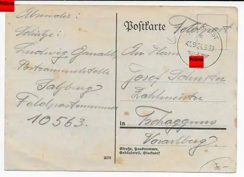 Feldpost: frühe Karte 24.9.39 nach Tschaggens/Vorarlberg, FPNr. 10563