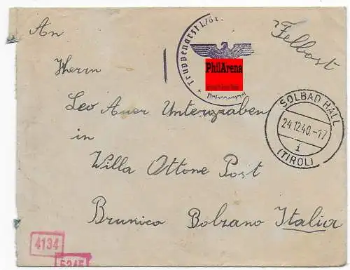 Feldpost: Truppenazt Solbad Hall/Tirol nach Bozen, OKW Zensur von Südtiroler