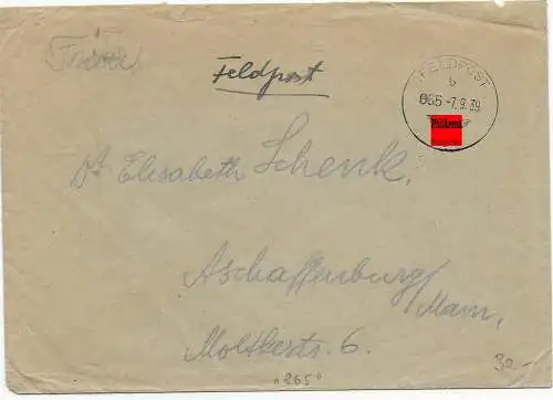 Feldpost: frühe Feldpost 7.9.39 nach Aschaffenburg von FPNr. 23015