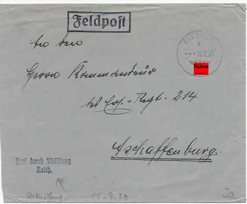 Feldpost: frühe Feldpost 15.9.39, Frei durch Ablösung Reich nach Aschaffenburg