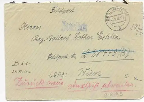 Feldpost: Berlin 1943 an FPNr. L28449, Wien, Zurück