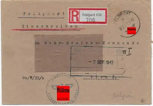 Feldpost: Einschreiben FPNr. 17923 von Belgien nach Wien, 1943