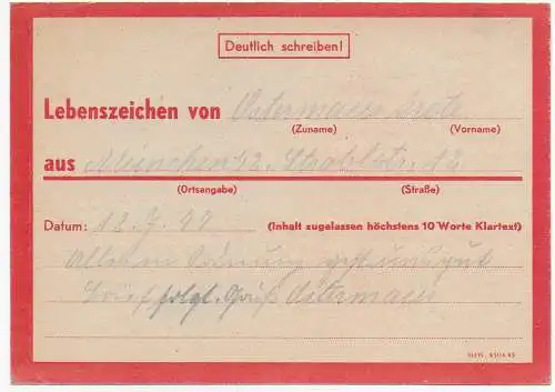Eilnachricht Lebenszeichen Miesbach  - München, 12.7.1944