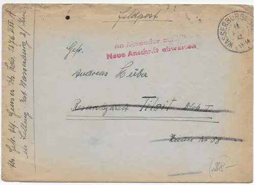 Feldpost: Wasserburg 1942 nach Tilsit, Neue Anschrift abwarten
