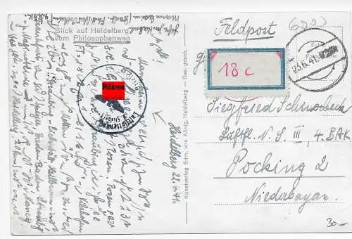 Feldpost: AK Heidelberg mit Stummem Stempel 1941 nach Pocking