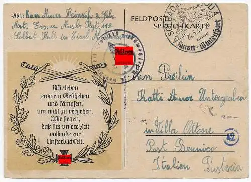 Feldpost: Südtiroler in der Wehrmacht, Solbad 1943 nach Bozen, Zensur