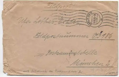Feldpost: frühe Feldpost 19.10.1939 an FPNr. 09186 über die Postsammelstelle