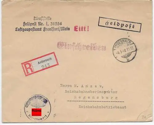 Feldpost: FPNr. L 31554 als Einschreiben von Andernach nach Regensburg 1940