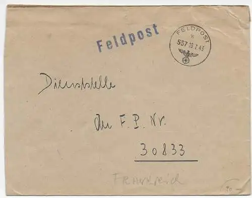 Feldpost: FPNr. 29928 an FPNr. 30833, Frankreich 1943