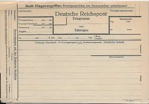 Deutsche Reichspost: Telegramm Formular aus Tübingen: Nach Fliegerangriffen ...
