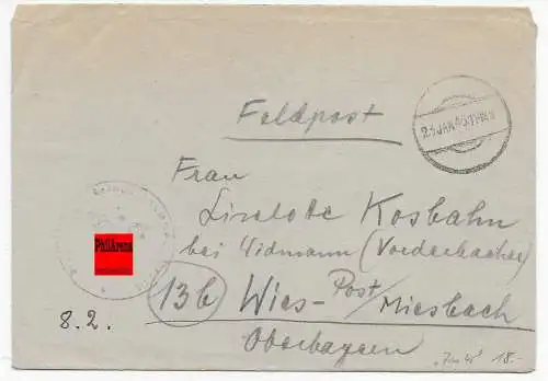 Feldpost: FPNr. 33565 vom 23.1.45 nach Wies-Miesbach