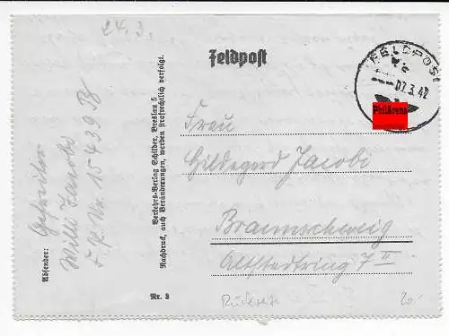 Feldpost: FPNr. 15439 B, Kartenbrief 1942 nach Braunschweig