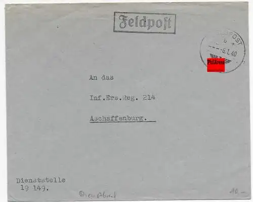 Feldpost: FPNr. 19149 1940 nach Aschaffenburg