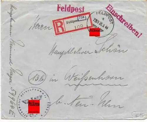 Feldpost: FPNr. 59964 als Einschreiben nach Weißenhorn 1944