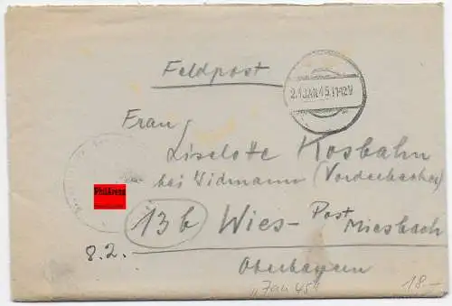 Feldpost: FPNr. 33565 vom 23.1.1945 nach Wies-Miesbach