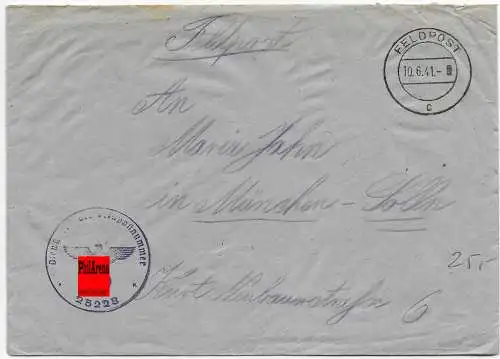 Feldpost: FPNr. 25228 nach München, 1941