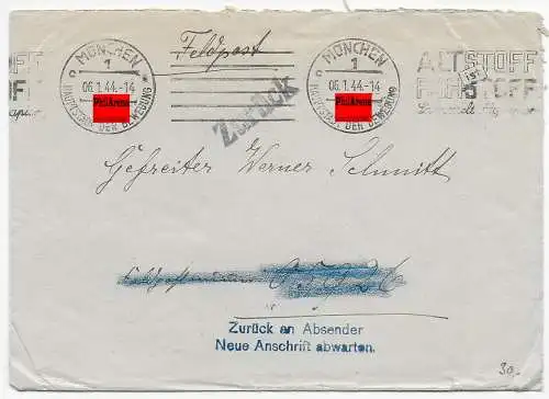 Feldpost: München 1944 an FPNr. 05926, zurück