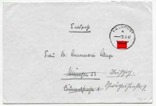 Feldpost: FPNr. 07276 von 1943 nach München, weiter nach Leipzig