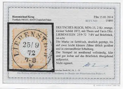 DR: MiNr. 15 auf Briefstück, gestempelt Liebenstein, BPP geprüft