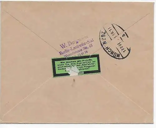 DR: Einschreiben mit W66 von Berlin nach München 1938