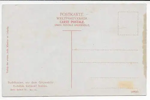 Indien: Buddhisten vor dem Götzenbild, Buddhas batend, picture post card unused