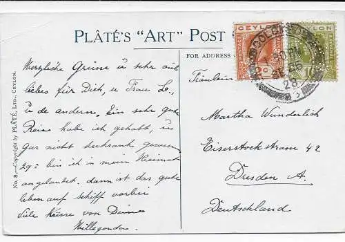 Ceylon: picture post card 1928, Perfin, Colombo to Dresden