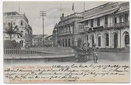 Singapore: picture postcard Greetings from Singapore, 1903 to Germany