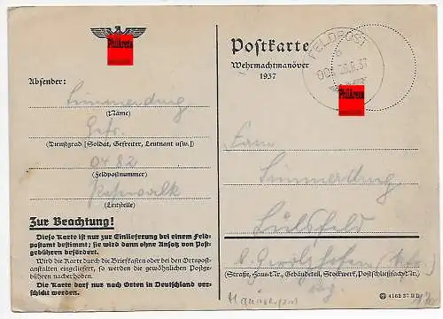 Feldpost: Wehrmachtsmanöver 1937, frühe Feldpost Nr. 0482