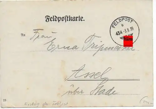 Feldpost: 3.9.39 von FPNr. 21577, Ersttag der Feldpost nach Assel