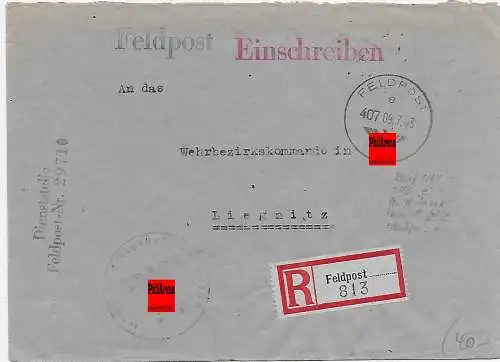 Feldpost: von FPNr. 29710 nach Liegnitz, 1943 als Einschreiben